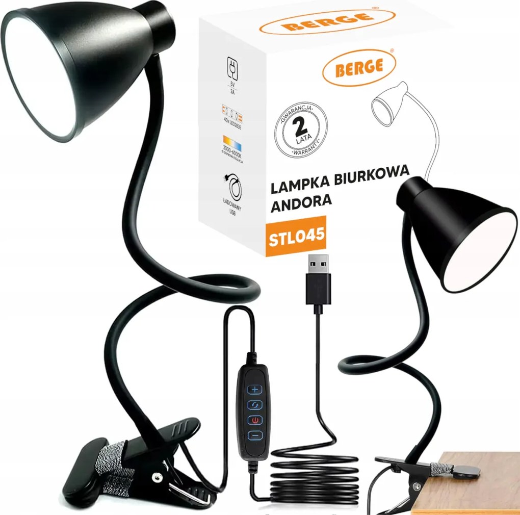 BERGE Andora LED stolná lampa s klipom 1xE27 čierna