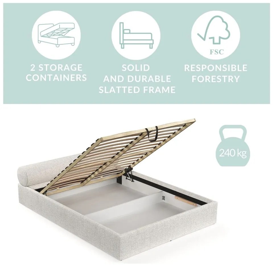 Krémová čalúnená dvojlôžková posteľ s úložným priestorom s roštom 160x200 cm Solvo – Maison de Rêve