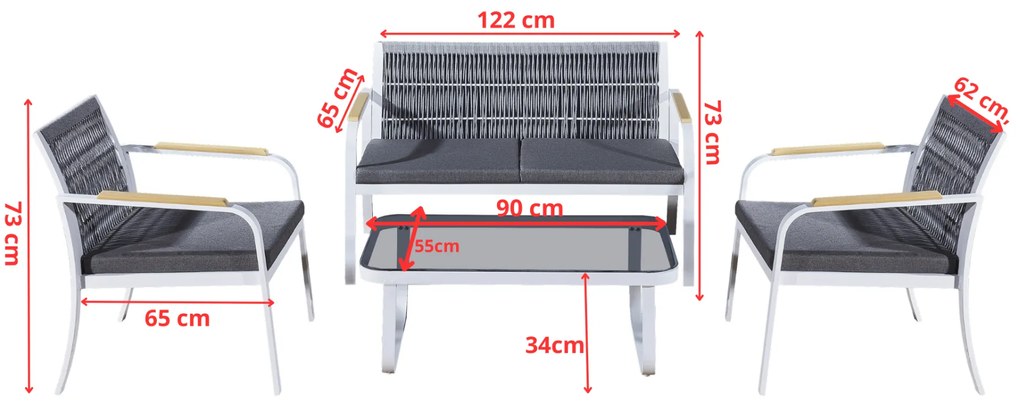 ZÁHRADNÝ SET RARO 2 x KRESLO + 1 x POHOVKA + STÔL BIELY + ŠEDÝ