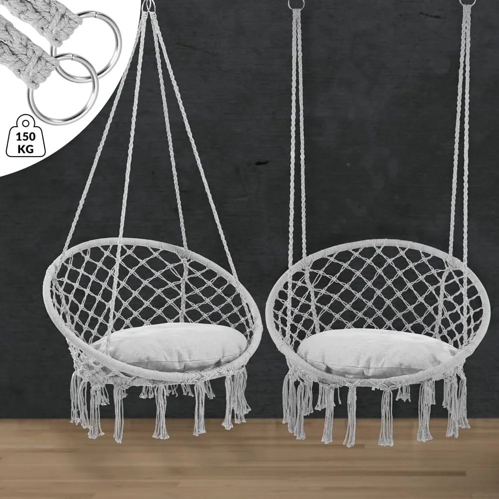 Detex Závesné kreslo BOHO s vankúšmi, Ø61cm, svetlo sivá