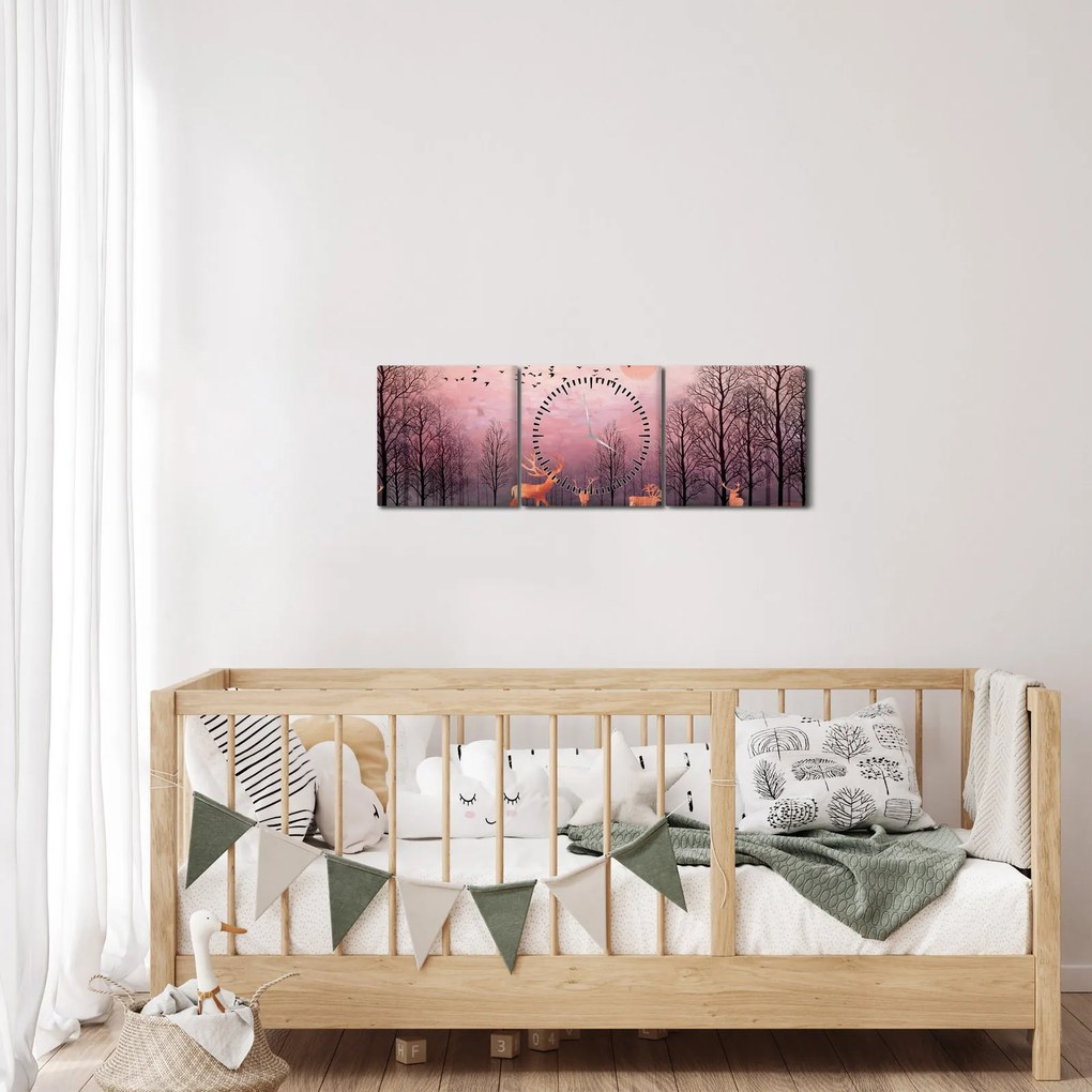 Obraz - Jelene v žiare zapadajúceho slnka (s hodinami) (90x30 cm)