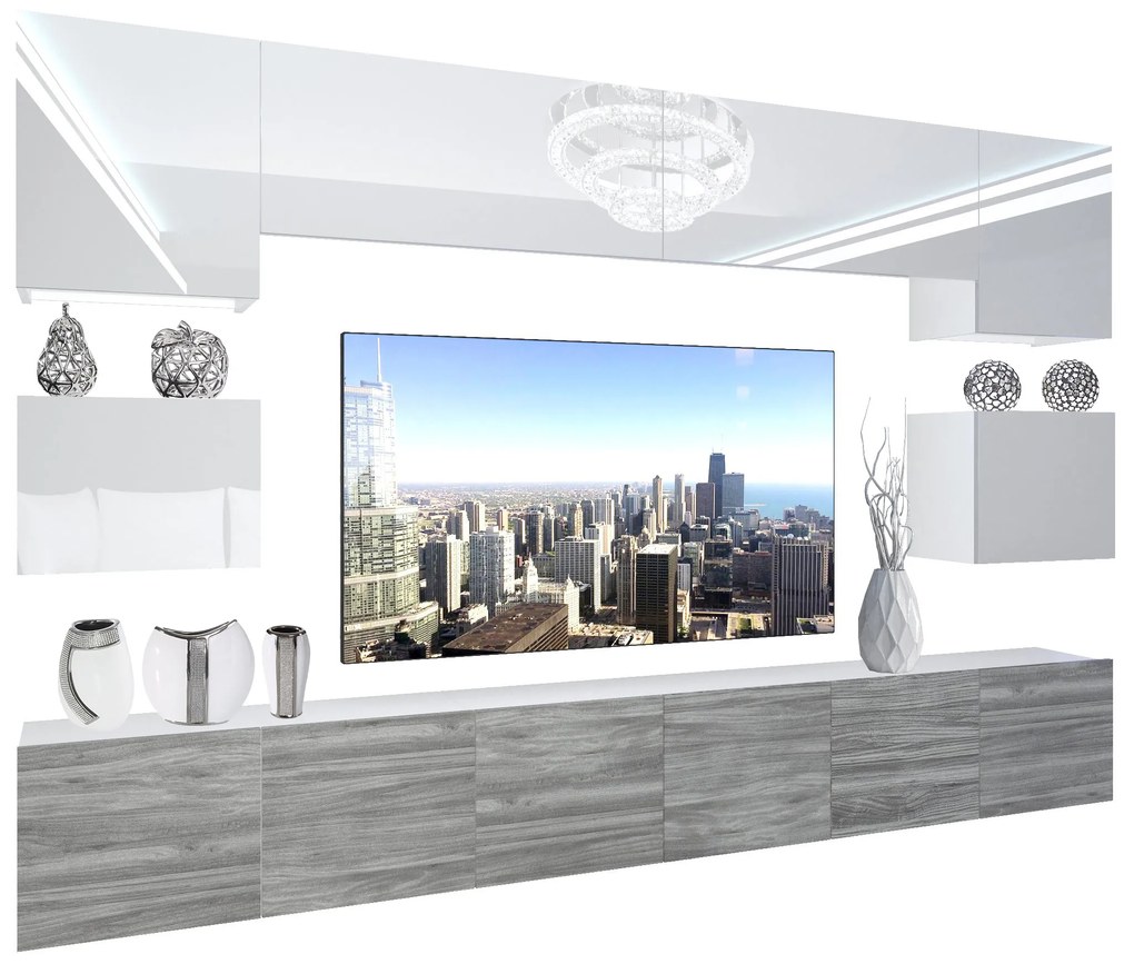 Obývacia stena Belini Premium Full Version biely lesk / šedý antracit Glamour Wood
+ LED osvetlenie Nexum 40