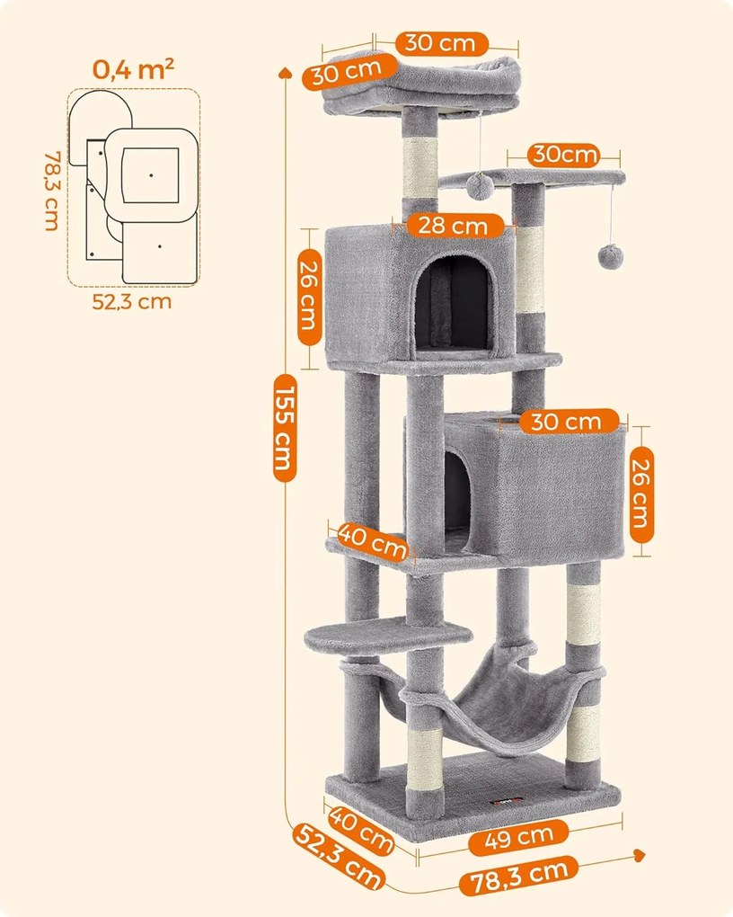Feandrea škrabadlo pre mačky, 155 cm vysoká hracia veža s 5 škrabacími stĺpmi v sivej farbe