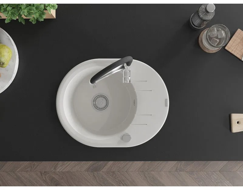 Mexen Kevin, 1-komorový granitový drez 586x458x190 mm a drezová batéria Aster, biela, 6517-20-73450-07