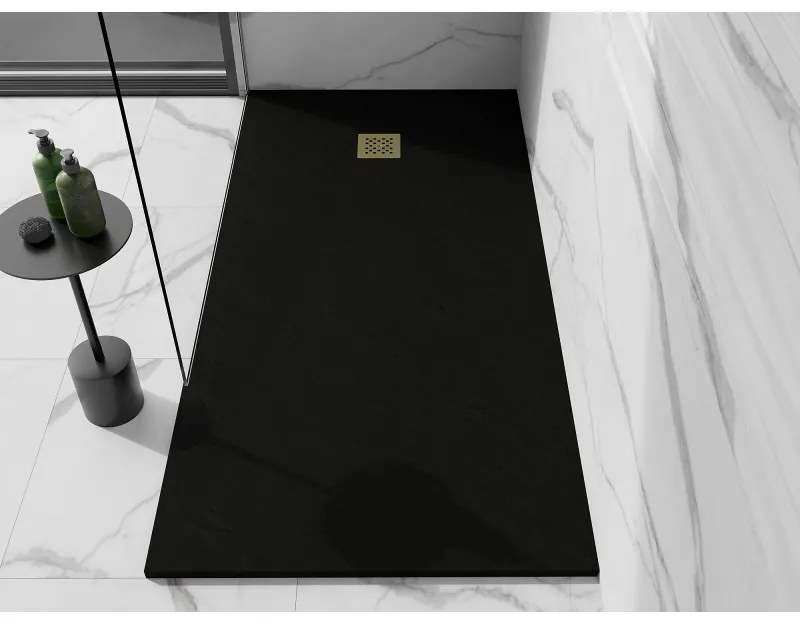 Mexen Stone+, obdĺžniková vanička z minerálneho kompozitu 180 x 80 cm, čierna, zlatá lesklá krytka, 44708018-G