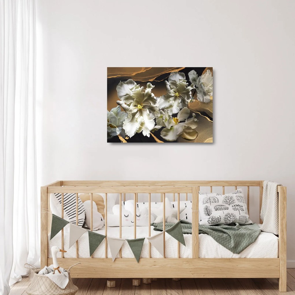 Sklenený obraz - Kvety orchideí na mramorovom pozadí (70x50 cm)