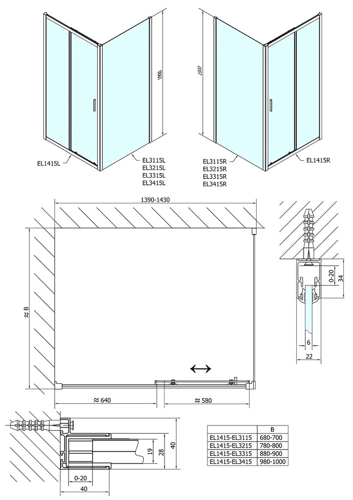 Polysan Polysan, Easy Line obdĺžniková sprchová zástena 1400x1000mm L/P varianta, EL1415EL3415
