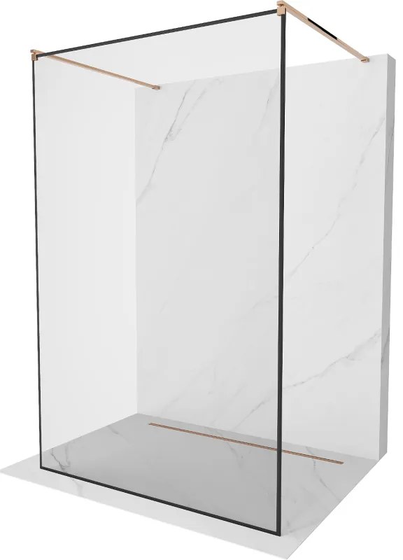 Mexen Kioto, priechodná sprchová zástena 100 x 200 cm, 8mm sklo číre s čiernym rámom, 2x zlatá stabilizačná rozpera, profil ružové zlato, 800-100-002-60-70