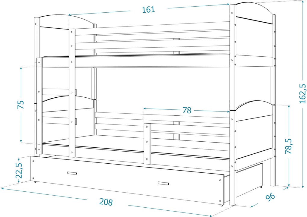 GL Poschodová posteľ Matúš 3 biela MDF s prístelkou Farba: Modrá, Rozmer: 190x80