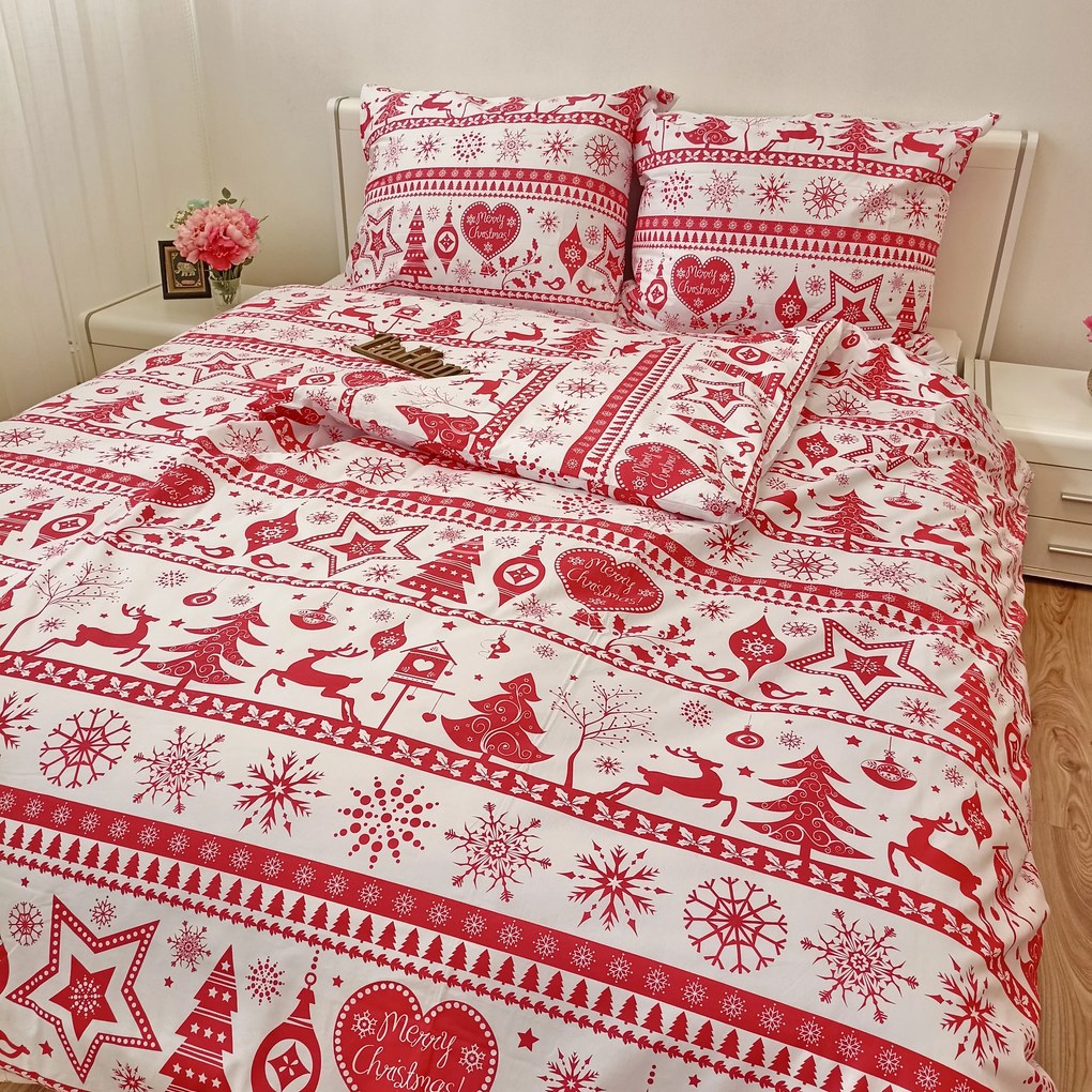 Obliečky bavlnené Vianočné obliečky Christmas červené - 1x Vankúš 90x70cm, 1x Paplón 140x200cm