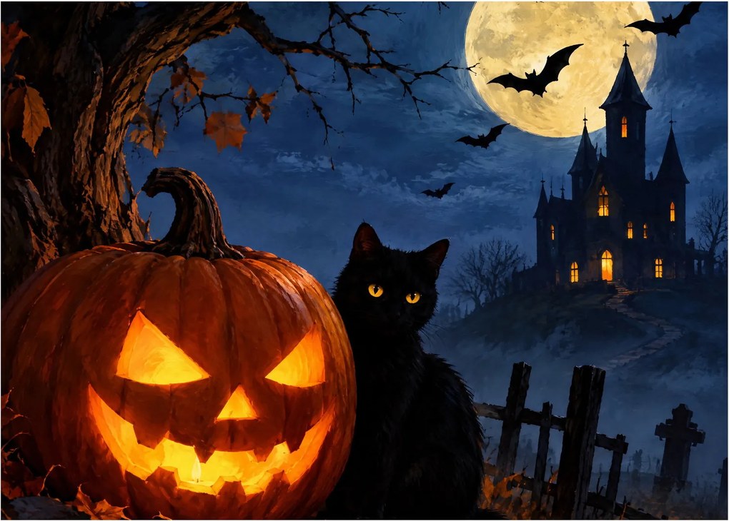 Sklenený obraz - Čierna mačka pri svietiacej tekvici na Halloween (70x50 cm)