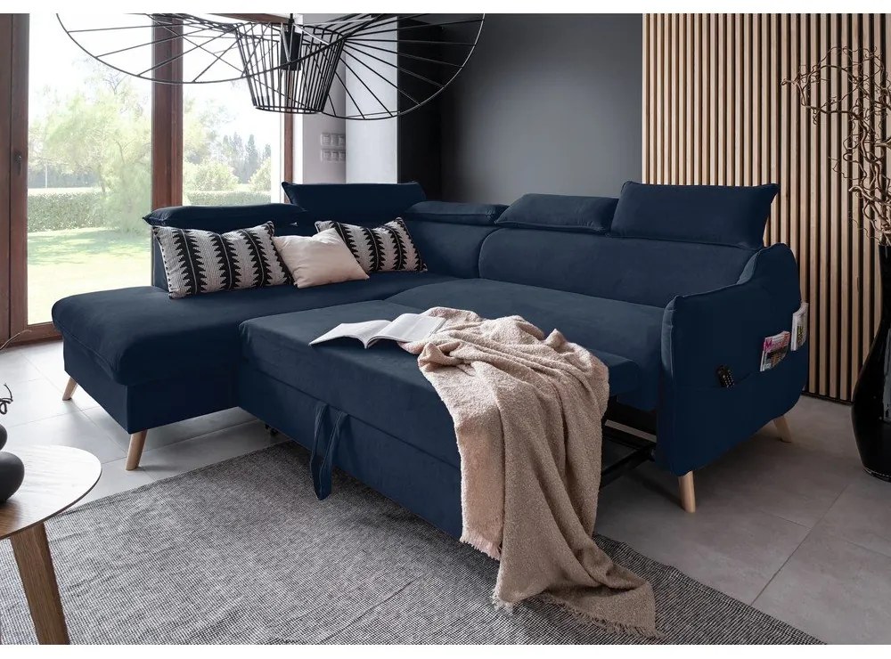 Tmavomodrá zamatová rozkladacia rohová pohovka (ľavý roh) Sweet Harmony – Miuform