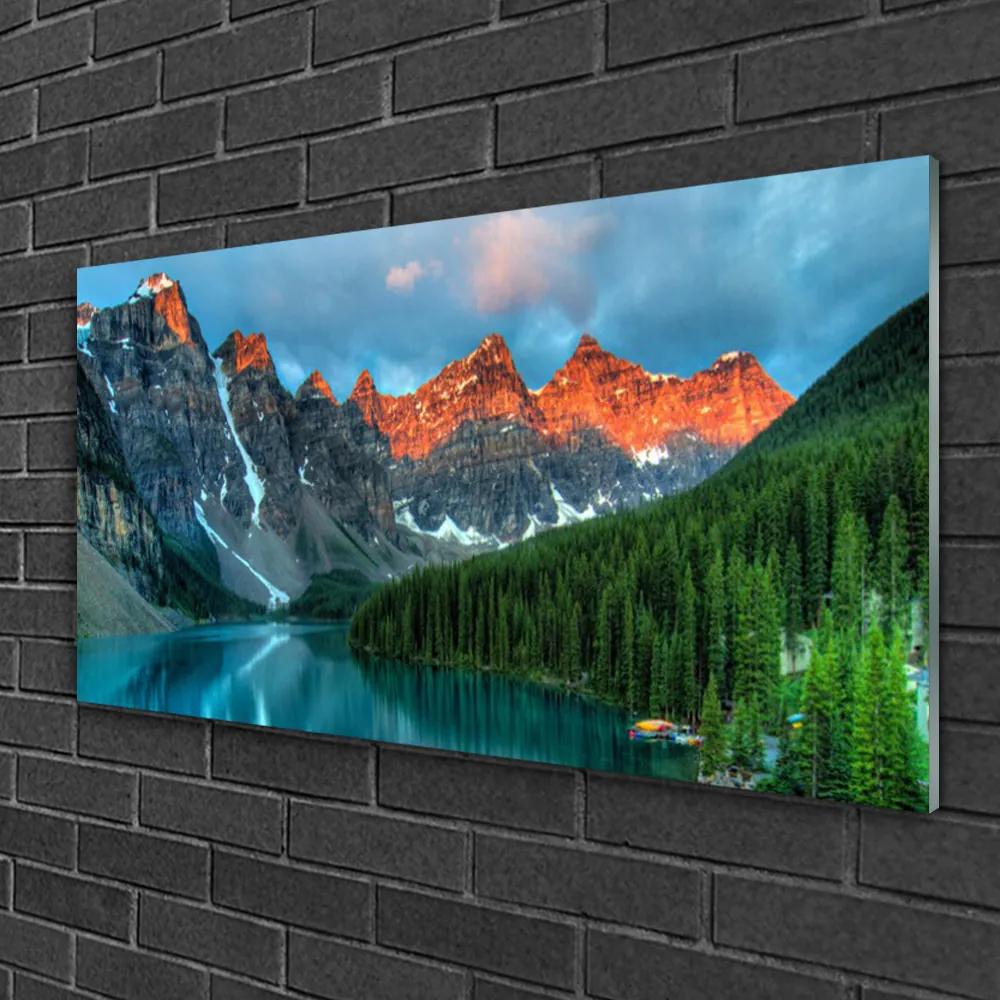 Skleneny obraz Hora les jazero príroda 125x50 cm