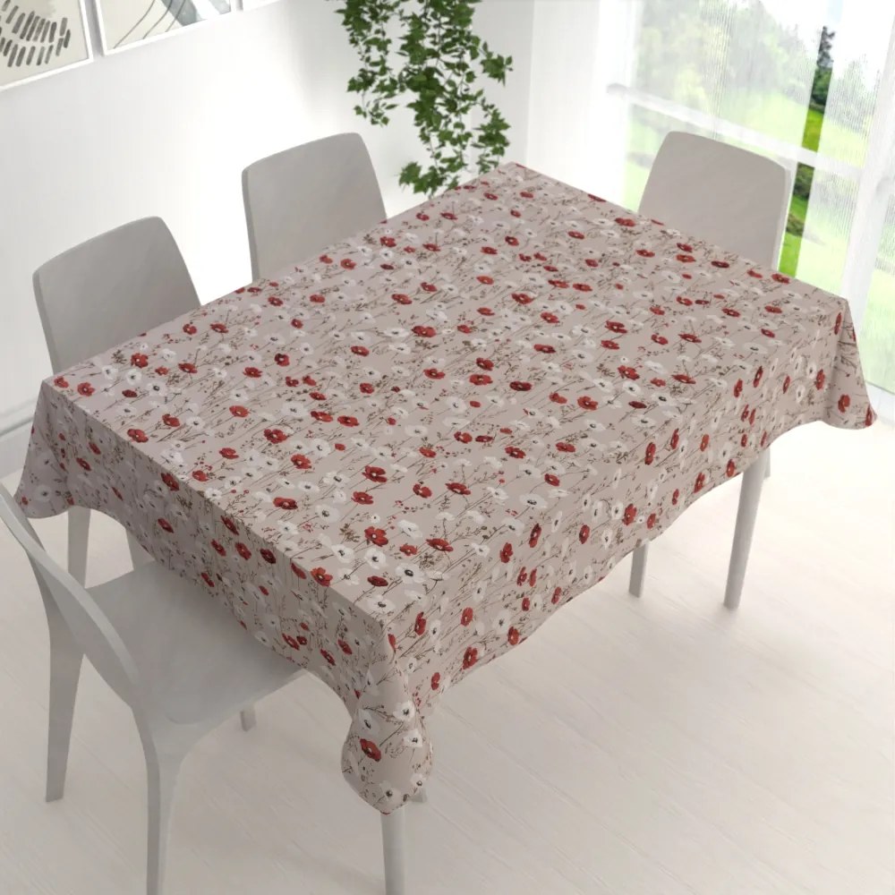 Biante Bavlnený obdĺžnikový obrus Sandra SA-631 Červeno-biele vlčie maky na sivobéžovom 140x180 cm