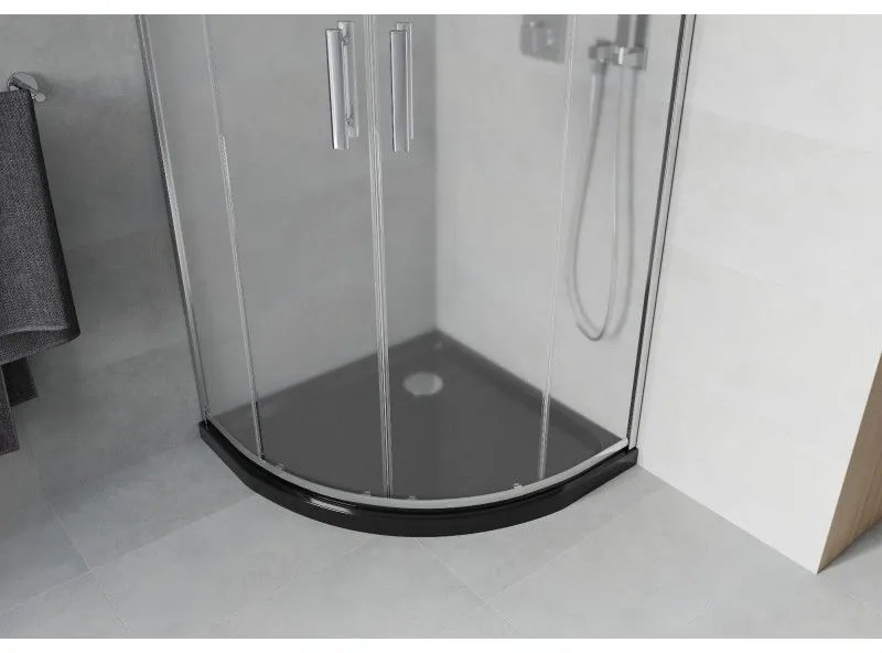 Mexen Rio, štvrťkruhový sprchovací kút s posuvnými dverami 80 x 80 cm, 6mm číre sklo, chrómový profil + čierna sprchová vanička, 863-080-080-01-00-4170