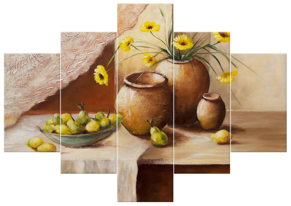 Gario Ručne maľovaný obraz Žlté kvety vo váze - 5 dielny Rozmery: 150 x 105 cm