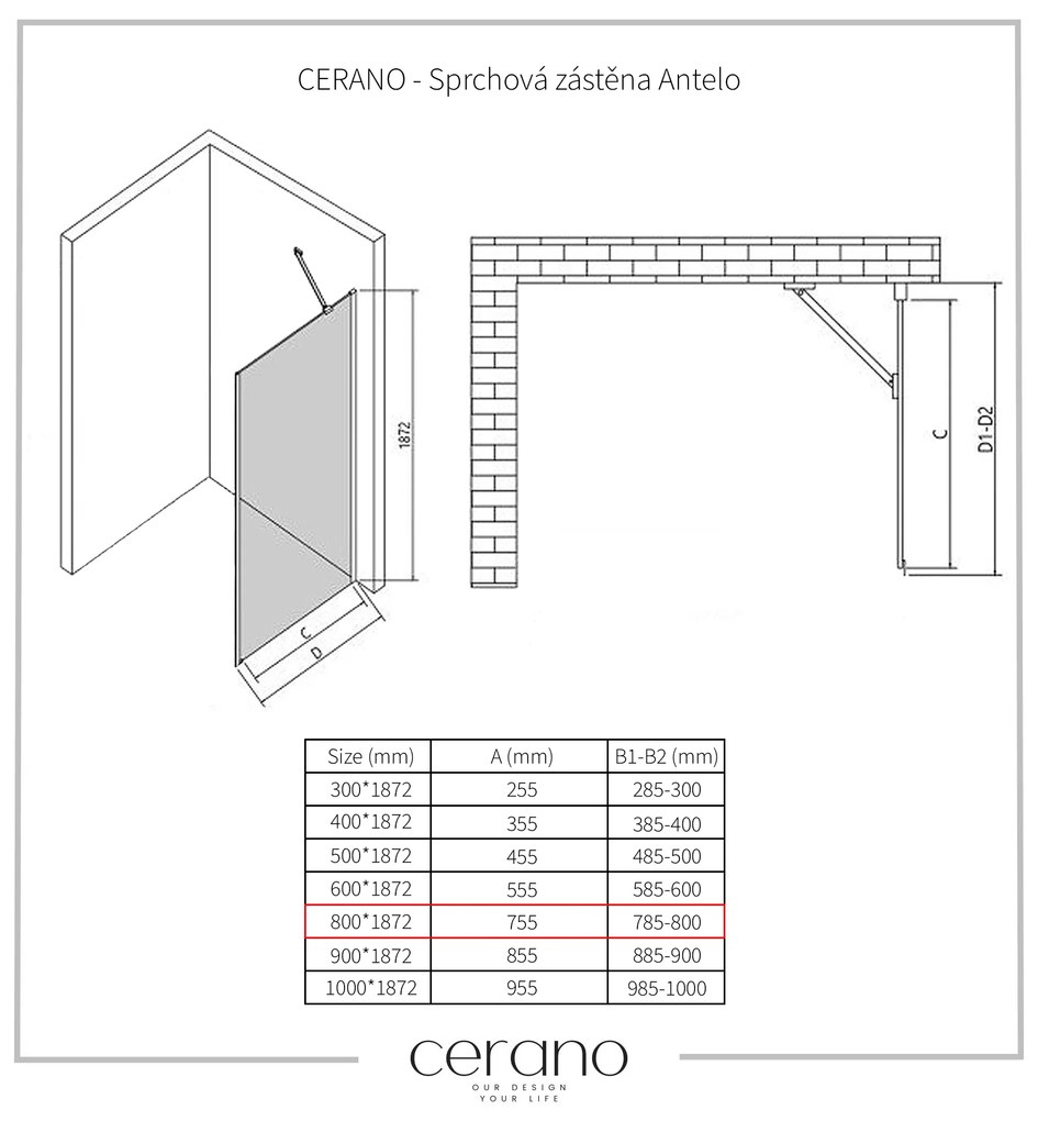 Cerano Antelo, sprchová zástena ku sprchovému kútu 80x190 cm, 6mm číre sklo, čierny profil, CER-CER-432445