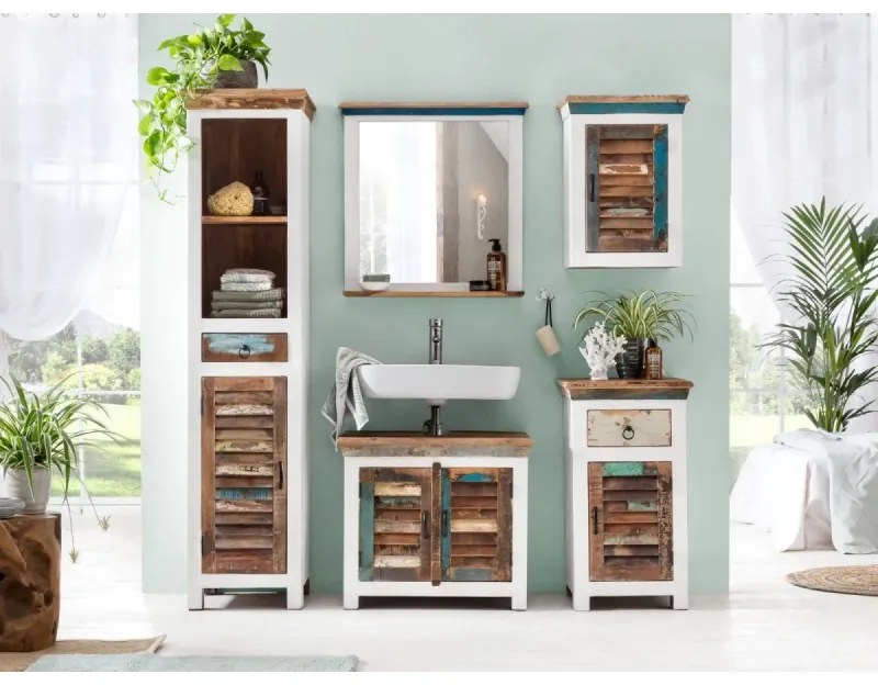 furniture-nabytek.cz - Masívne kúpeľňové zrkadlo Perth z recyklovaného dreva, lakované, biele / hnedé – 70×14×70 cm