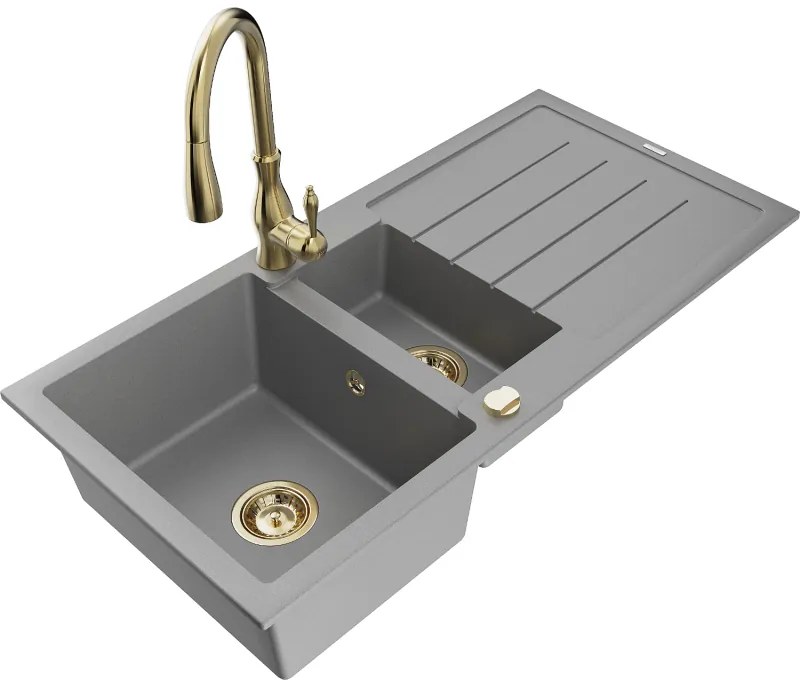 Mexen Andres, 1,5-komorový granitový drez 1000x500x200 mm a drezová batéria Savita, šedá, 6515-71-672601-50
