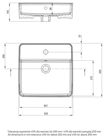 Deante CGS_6U4B - Keramické umývadlo SQUARE 42x42 cm na dosku, biele