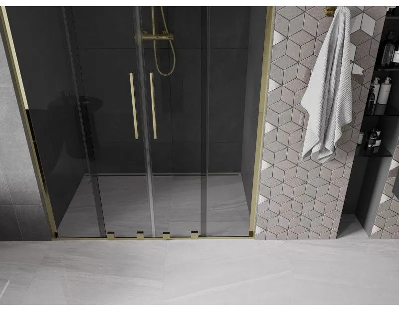 Mexen Velar L Duo, posuvné sprchové dvere do otvoru 140 cm, 8mm šedé sklo, zlatá lesklá, 871-140-003-42-50