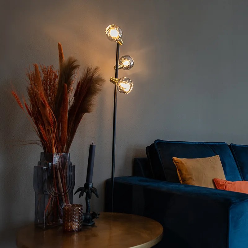 Stojaca lampa v štýle Art Deco čierna a zlatá s dymovým sklom 3-svetlo - Vidro