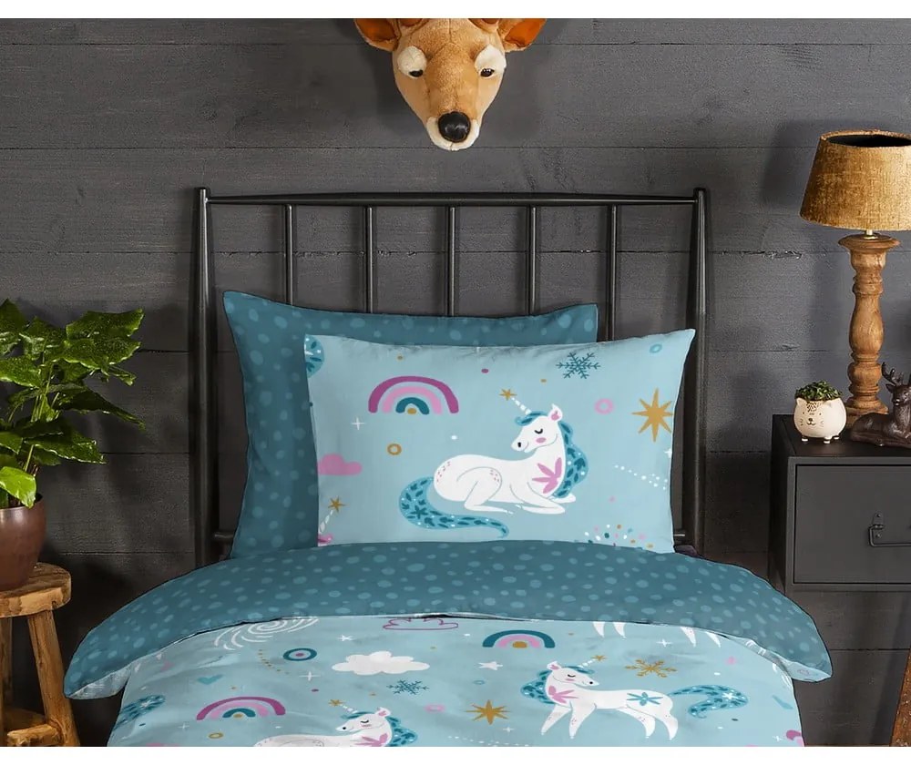 Modré flanelové detské obliečky na jednolôžko/predĺžené 140x220 cm Snowycorn – Good Morning