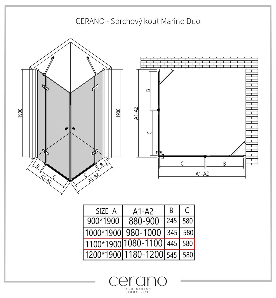 Cerano Marino Duo, sprchovací kút 110(dvere) x 110(dvere), 6mm číre sklo, čierny profil, CER-CER-423042