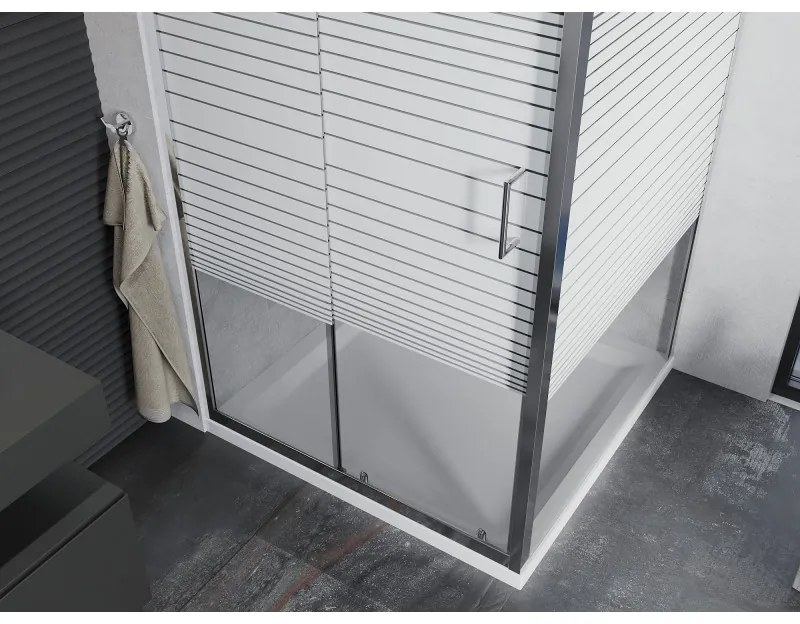 Mexen Apia, sprchový kút s posuvnými dverami 90 (dvere) x 90 (stena) cm, 6mm číre-pásy sklo, chrómový profil + slim sprchová vanička 5cm, 840-090-090-01-20-4010