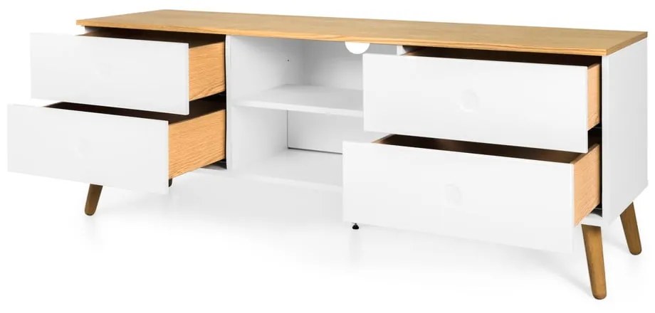 Biely TV stolík s detailmi v dekore dubového dreva Tenzo Dot, šírka 162 cm