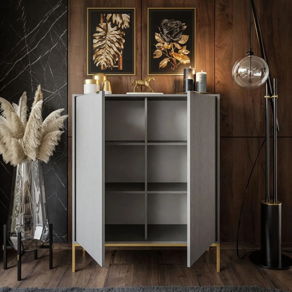 KOMODA VYSOKÁ VIGGO ŠEDÁ + ZLATÝ PODSTAVEC 104 cm