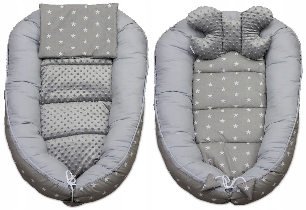 Obojstranné hniezdočko (kokon) pre bábätko - BABYMAM PREMIUM set 7v1 - Malé biele hviezdičky so šedou Minky