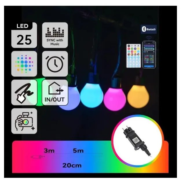 Aigostar - LED RGBICW Inteligentný vonkajší svetelný reťazec MESH 25 × LED 5 m IP44 + diaľkové ovládanie