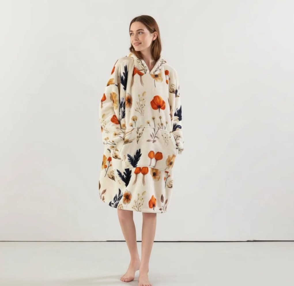 Baránková mikinová deka s rukávmi a kapucňou PAPAVA, krémová