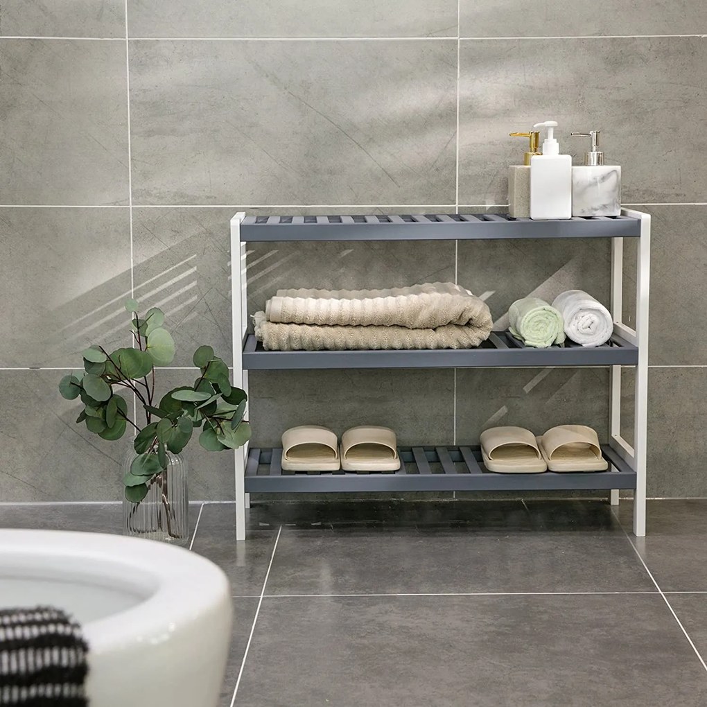 Bambusová polica, 3-úrovňová, biela a šedá