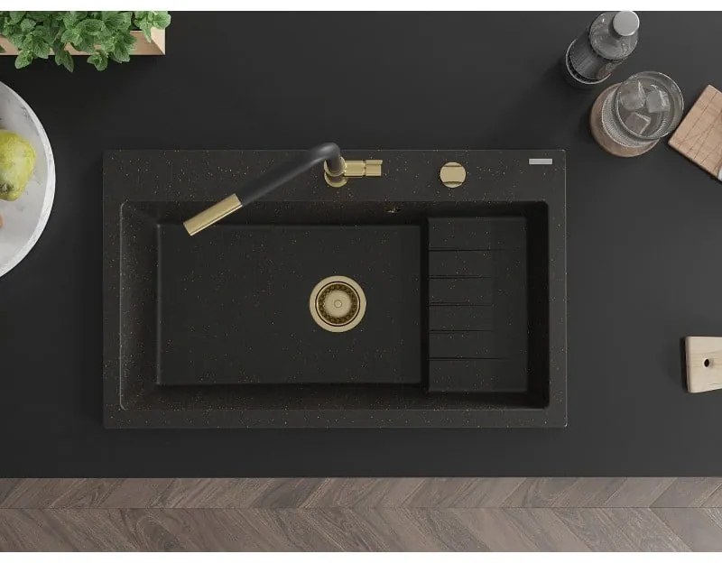 Mexen Omar, 1-komorový granitový drez 800x480x210 mm, čierna-zlatá metalíza, zlatý sifón, 6520801005-75-G