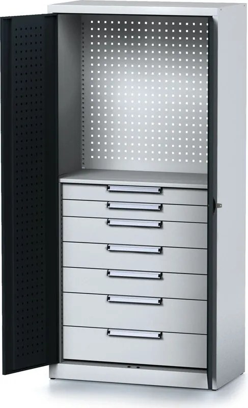 Policová dielenská skriňa 2-dverová MECHANIC, 1 polica, 7 zásuviek, 920 x 500 x 1950 mm, grafitové dvere