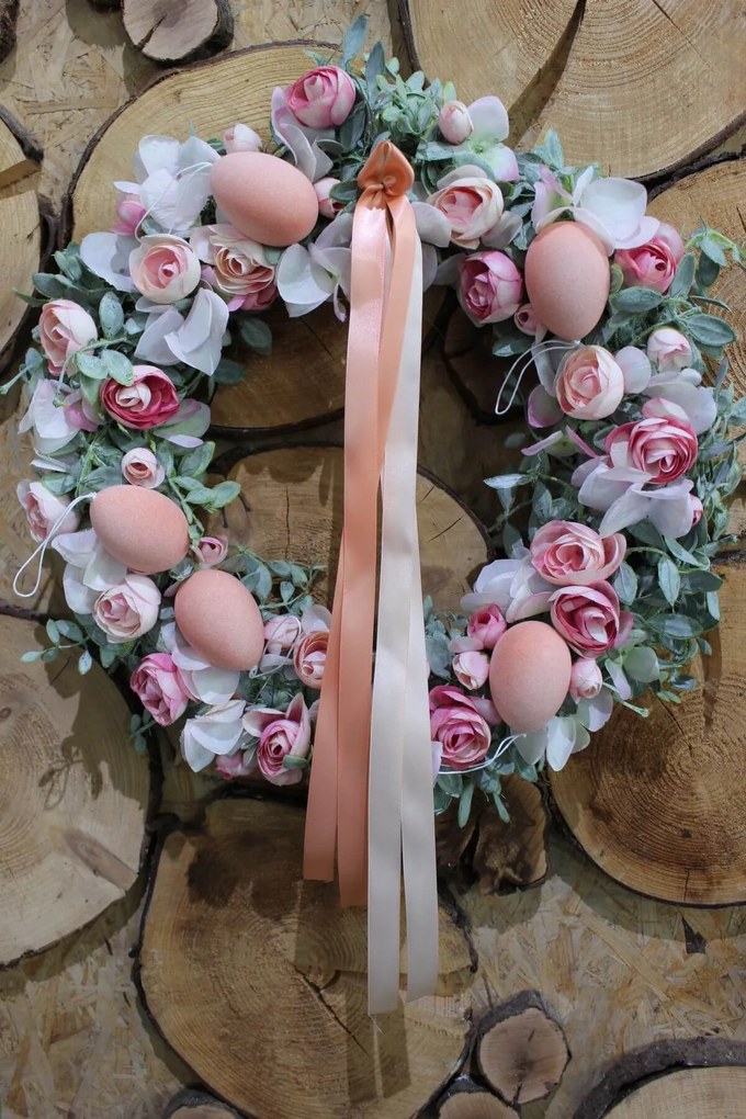 Ružový veľkonočný veniec na dvere s vajíčkami 44cm