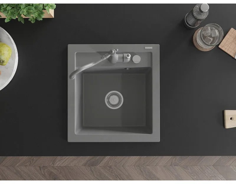 Mexen Vito, granitový drez 490x520x210 mm, 1-komorový a drezová batéria Carla, šedá, 6503-71-670700-71