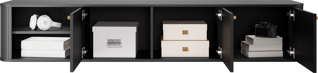 Závesná TV skrinka Vesper 3D 187 cm na sokli - čierna / zlaté úchytky