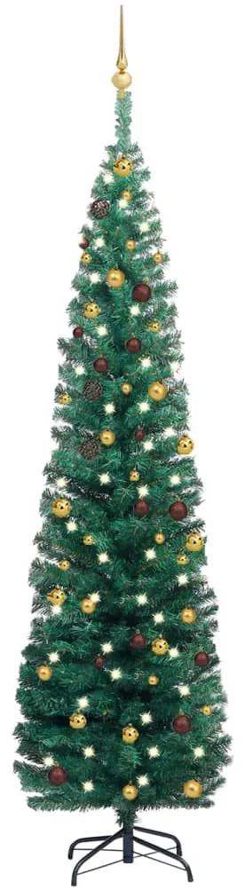 Úzky vianočný stromček s LED a sadou gulí zelený 210 cm 3077805