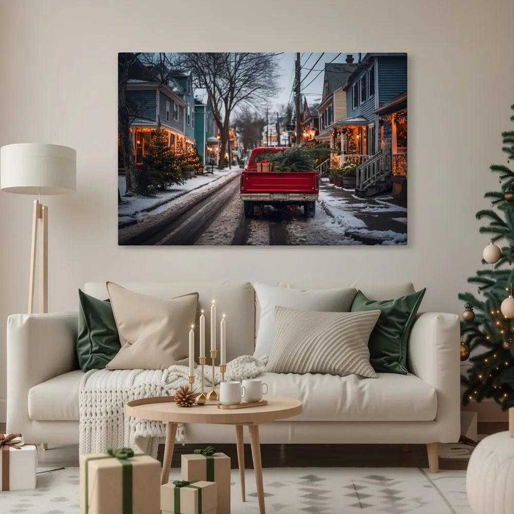 Obraz vianočná cesta v červenom aute