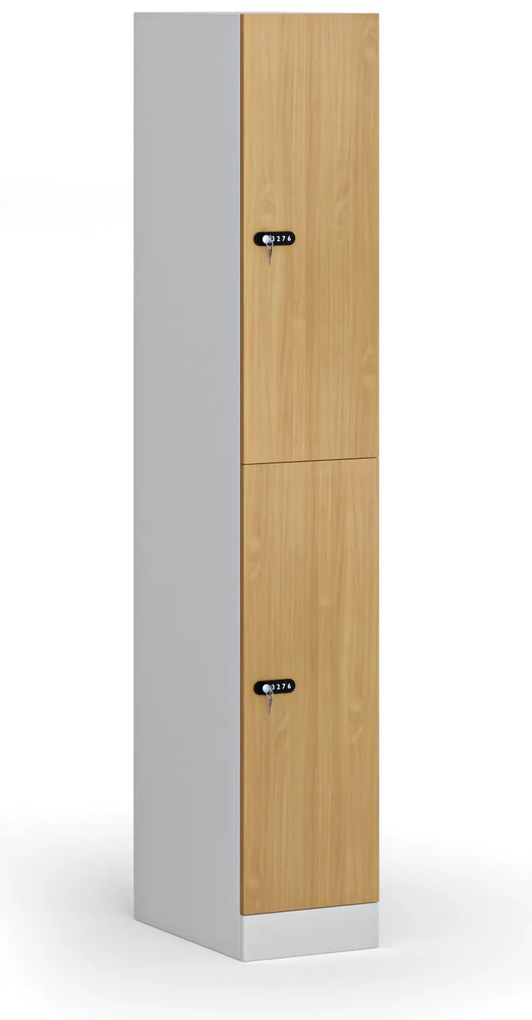Šatníková skrinka S1 s úložnými boxmi, 2 boxy, 1850 x 300 x 500 mm, mechanický kódový zámok, laminované dvere, buk