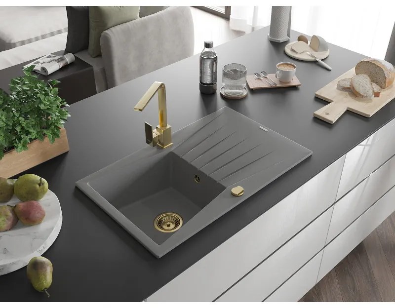 Mexen Cesar, granitový drez 775x470x190 mm, 1-komorový, šedá so zlatým sifónom a zlatá drezová batéria Rita, 6514-71-670300-50