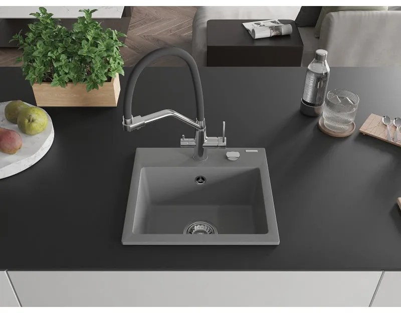 Mexen Milo, granitový drez 435x410x171 mm, 1-komorový a drezová batéria Duo, šedá, 6505-71-671701-07