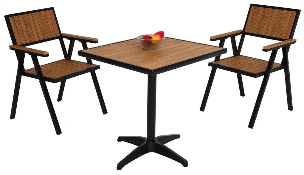 Set 2 záhradných stoličiek a stolíka HWC-J95, hliník imitácia dreva - čierna, teak