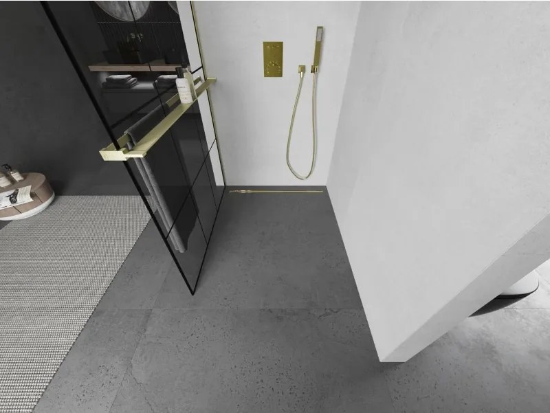 Mexen Kioto+, sprchová zástena Walk-In s poličkou a vešiakom 120 x 200 cm, 8mm číre sklo čierny vzor, zlatý matný profil, 800-120-121-55-77