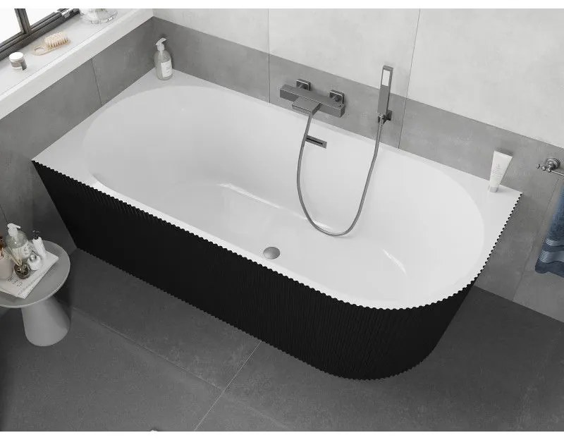 Mexen Silo, rohová voľne stojaca ryhovaná vaňa, ľavá, 150 x 75 cm, biela-čierna, brúsený grafit prepad, 52891507575L-66