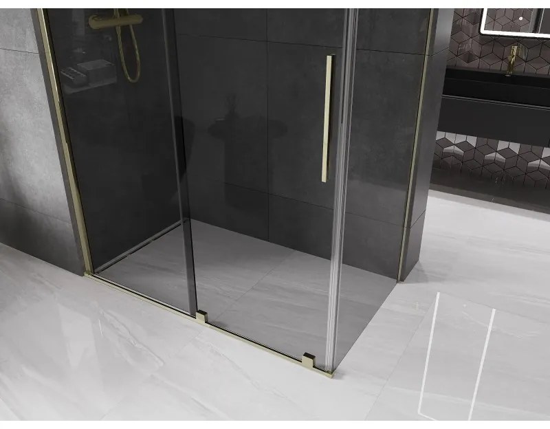 Mexen Velar, sprchový kút s posuvnými dverami 150 x 85 cm, 8mm šedé sklo, zlatá lesklá, 871-150-085-41-50