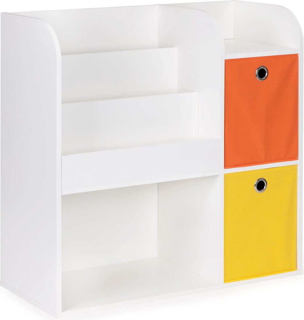 Detský regál ECOTOYS 89×35×88 cm, biely s poličkami a 2 textilnými košmi